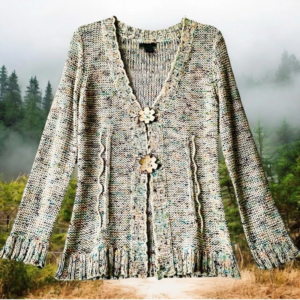 BCBG MaxAzria Cardigan Size Large Confetti Ribbon Knit Boho Cottage Fairy Grunge